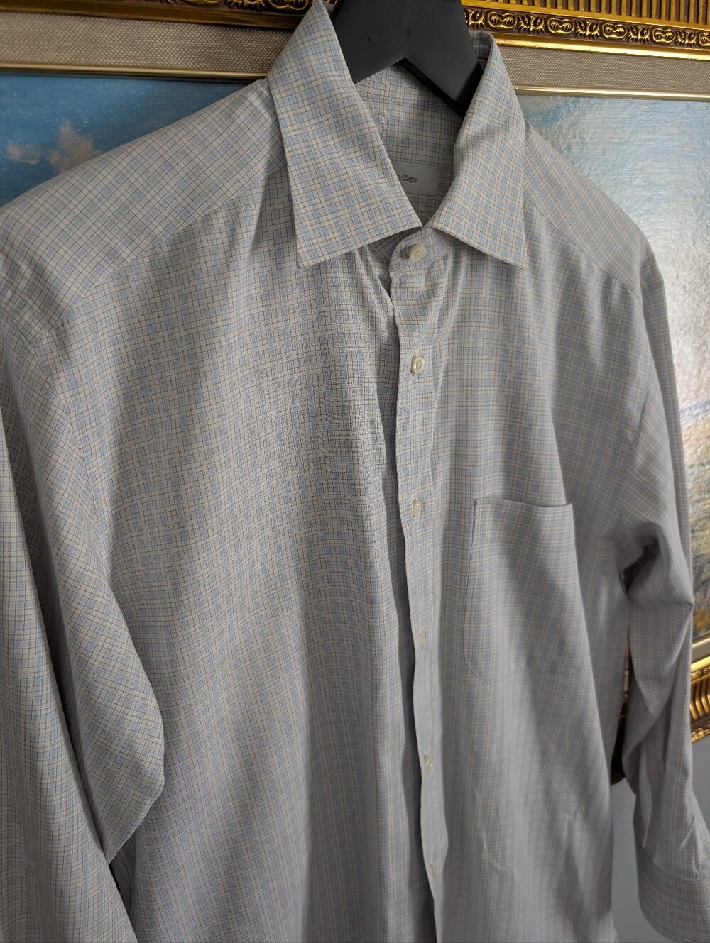 Ermenegildo Zegna Light Blue and White Plaid Dress Shirt